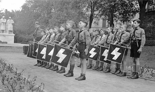 Deutsches Jungvolk fanfare trumpeters at a Nazi rally in the town of Worms in 1933. 